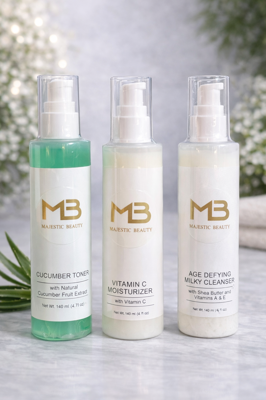 Cucumber Toner, Vitamin C moisturizer,  Age Defying Milky Cleanser