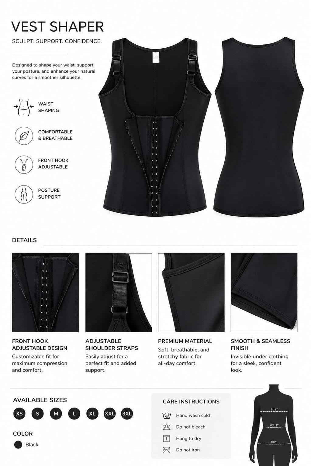 Firm, Multi-layered, Vest Shaper (hook and zipper)