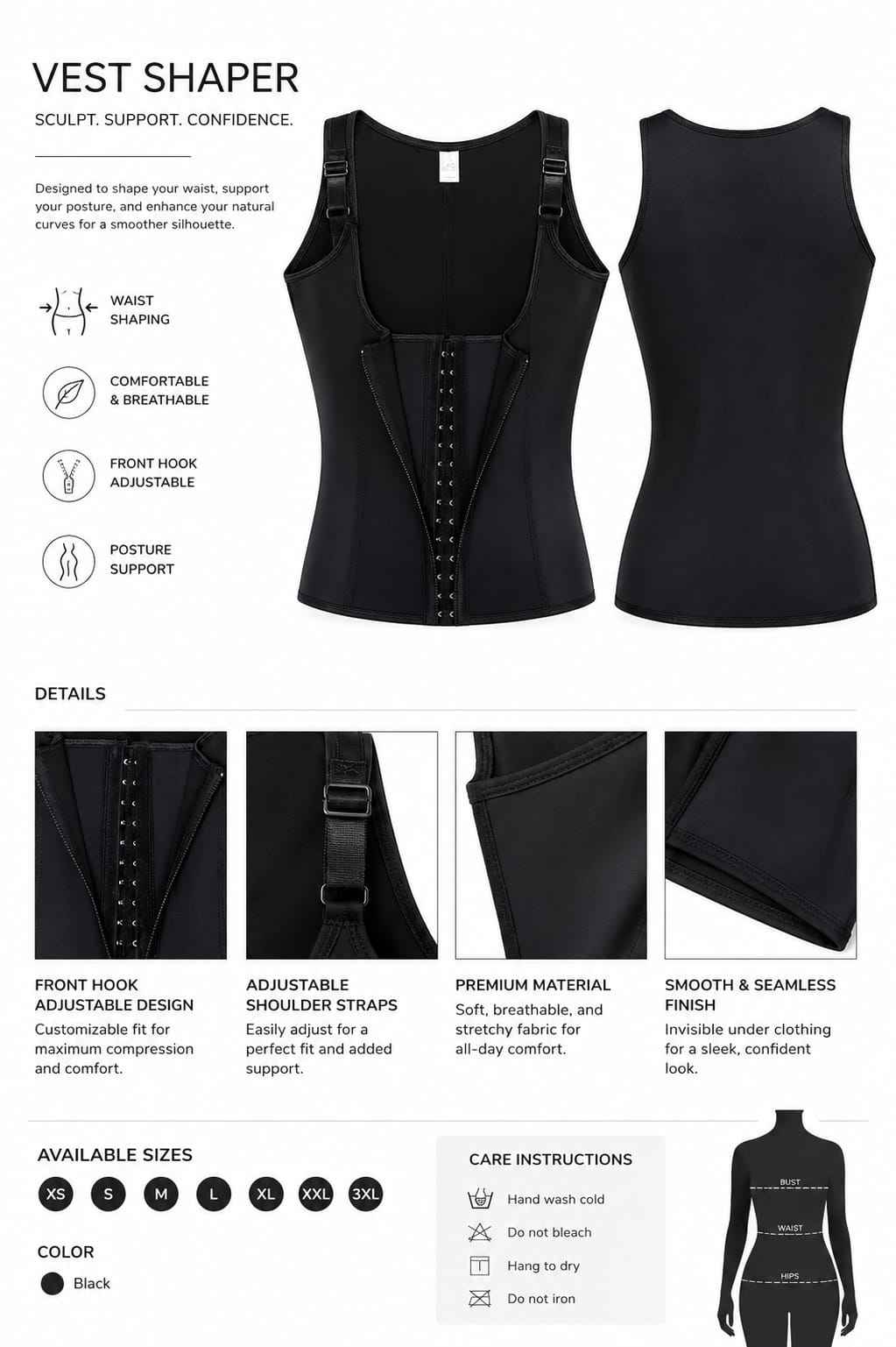 Firm, Multi-layered, Vest Shaper (hook and zipper)