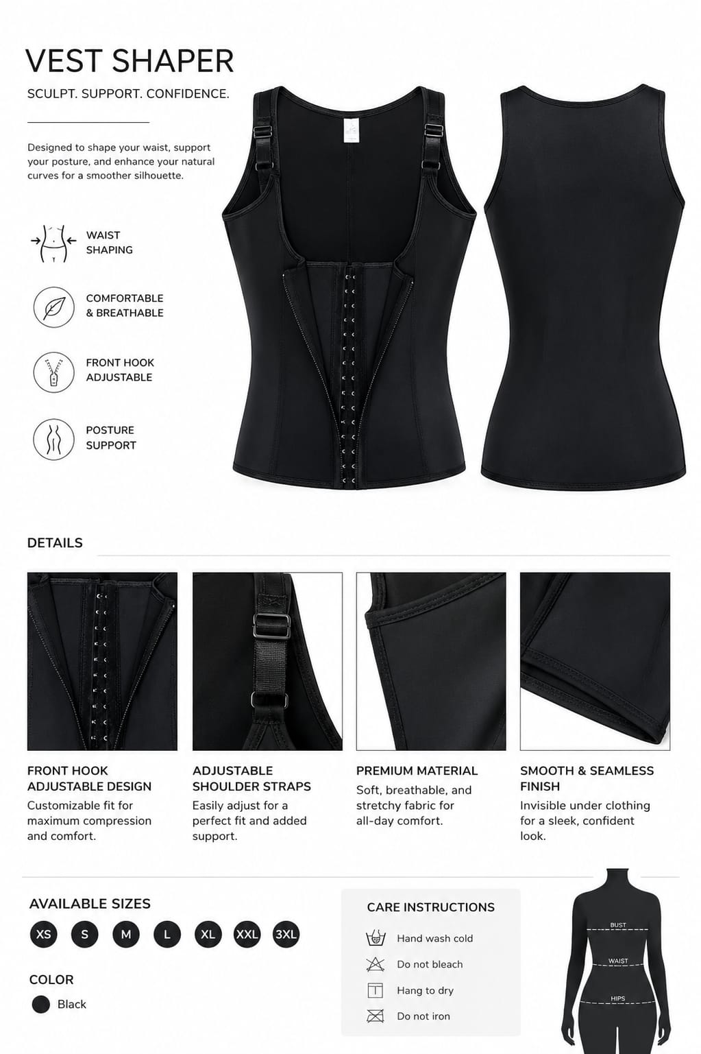 Firm, Multi-layered, Vest Shaper (hook and zipper)